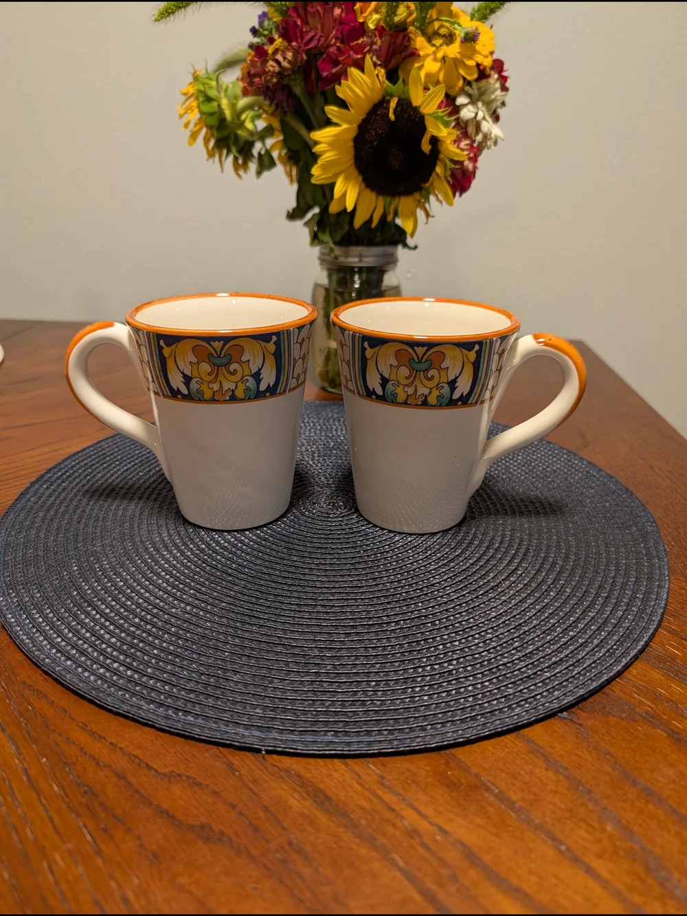 Pier 1 Handcrafted In Italy. Mugs with Decorative Band (Set of 2). Earthenware.